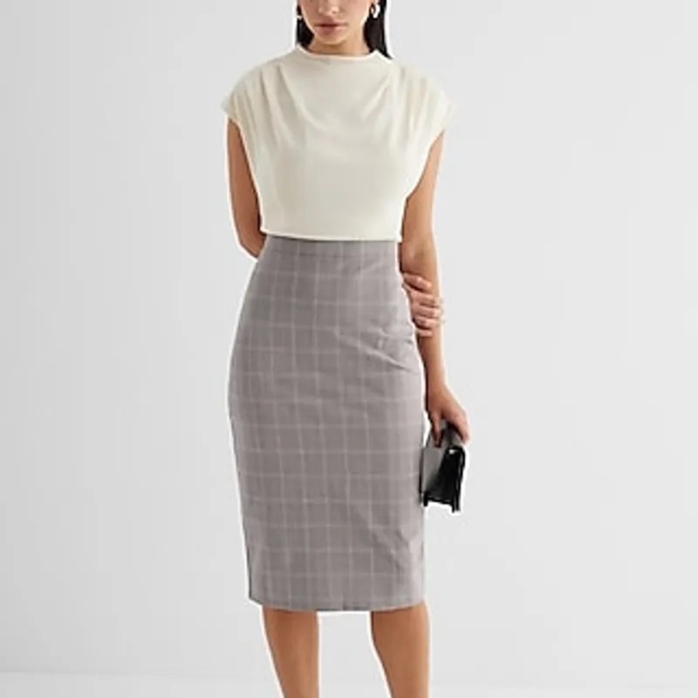 Express Cream and Gray Plaid Midi Dress